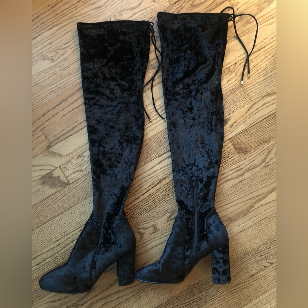 Over the knee black velour boots